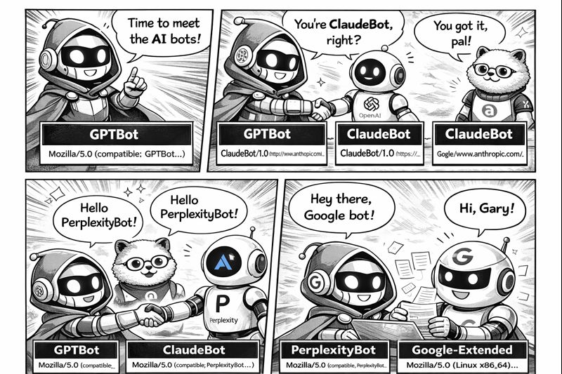 AI Bot Identification Guide showing GPTBot, ClaudeBot, PerplexityBot, and Google-Extended with their user agent strings